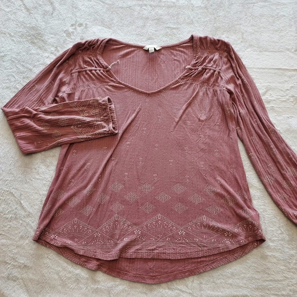 Lucky Brand Mauve Ribbed V-Neck Long Sleeve Boho Blouse Earthy Festival Hippie M